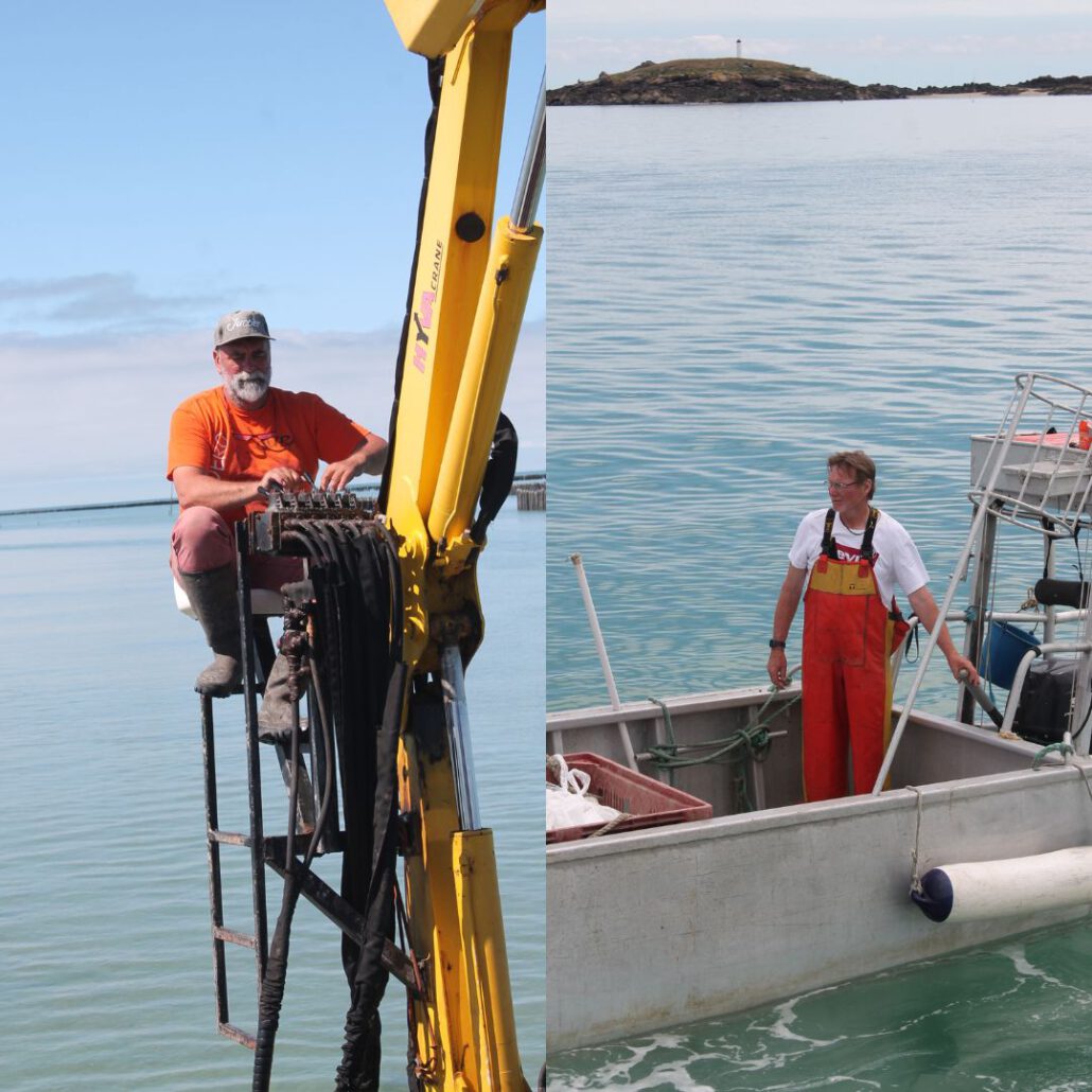 HueterDesMeeres_Aufmacherbild6 Die Collage zeigt Fischer Franck auf einer Seite auf einem Kran und seinen Steuermann Laurent auf der anderen Seite in seinem Beiboot.